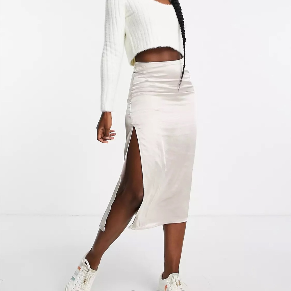 ASOS Stradivarius satin midi skirt with split detail in ecru